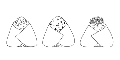 Hand drawn onigiri clipart set. Japanese fast food made of rice. Rice ball in nori seaweed