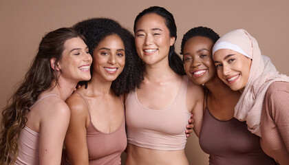 Face portrait, beauty and diversity of women in studio isolated on a brown background. Makeup,...