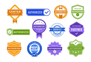 Authorized badge. Checked dealer, official agent or partner tag and service center authorization approved mark vector set - obrazy, fototapety, plakaty
