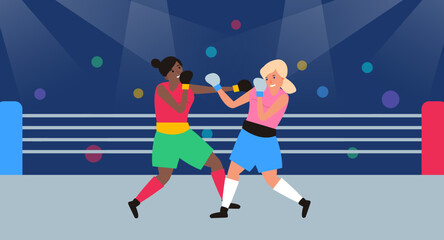 two women professional boxers boxing in ring vector illustration