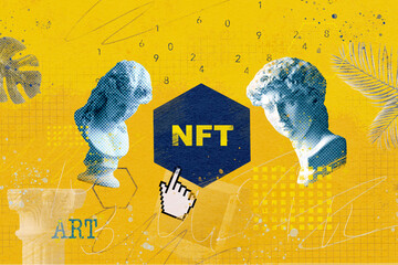NFT token and blockchain concept with statues 