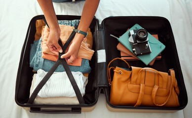 Travel suitcase, bedroom and hands of woman packing for Europe holiday, vacation or adventure...
