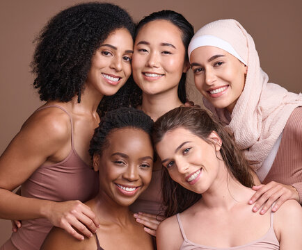 Diversity, women and group portrait with beauty, skincare and different, empowerment and inclusion. Equality, community and global with happy young model, natural and wellness with studio background.