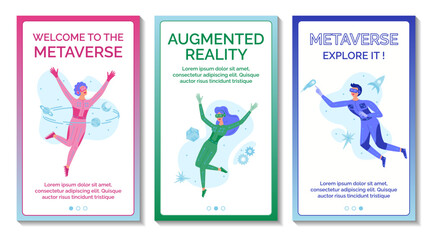 Metaverse digital technology concept. Set of mobile banners. People in VR headset glasses and VR suit. Augmented reality world simulation. Great for poster, cover, flyer, invitation, ad, stories