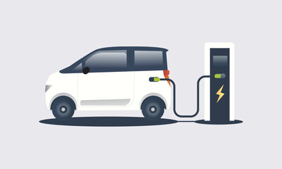 Flat vector illustration of a white electric car suv charging at the white charger station.