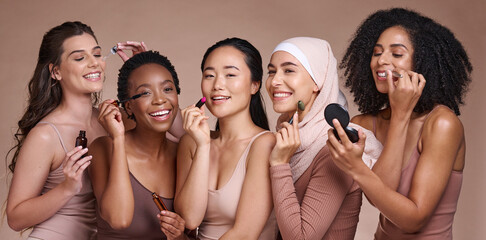 Face, skincare makeup and group of women in studio on a brown background. Beauty portrait,...