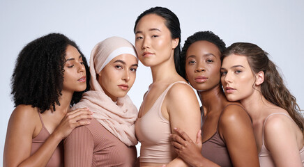 Beauty, diversity and women in portrait with skin, inclusion and different, global and community with support and equality in race. Skincare, wellness and natural cosmetics against studio background.