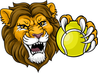 A lion with a tennis ball sports team animal cartoon mascot