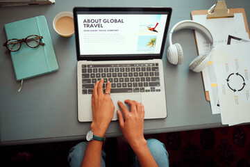 Travel blog, blogger hands and laptop, website and social network with writer and inspiration for...