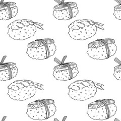 Sushi set seamless pattern. Vector illustration isolated on a white background. Asian food.