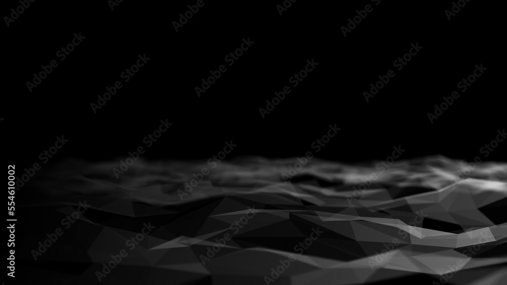 Poster Wave of digital particles on a black background. Abstract interlacing lines and points. Digital connection of elements. Simulation of the movement of small particles. 3D rendering.