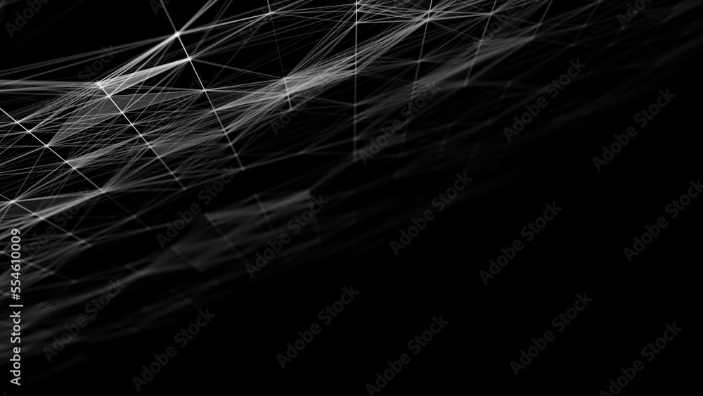 Poster Wave of digital particles on a black background. Abstract interlacing lines and points. Digital connection of elements. Simulation of the movement of small particles. 3D rendering.