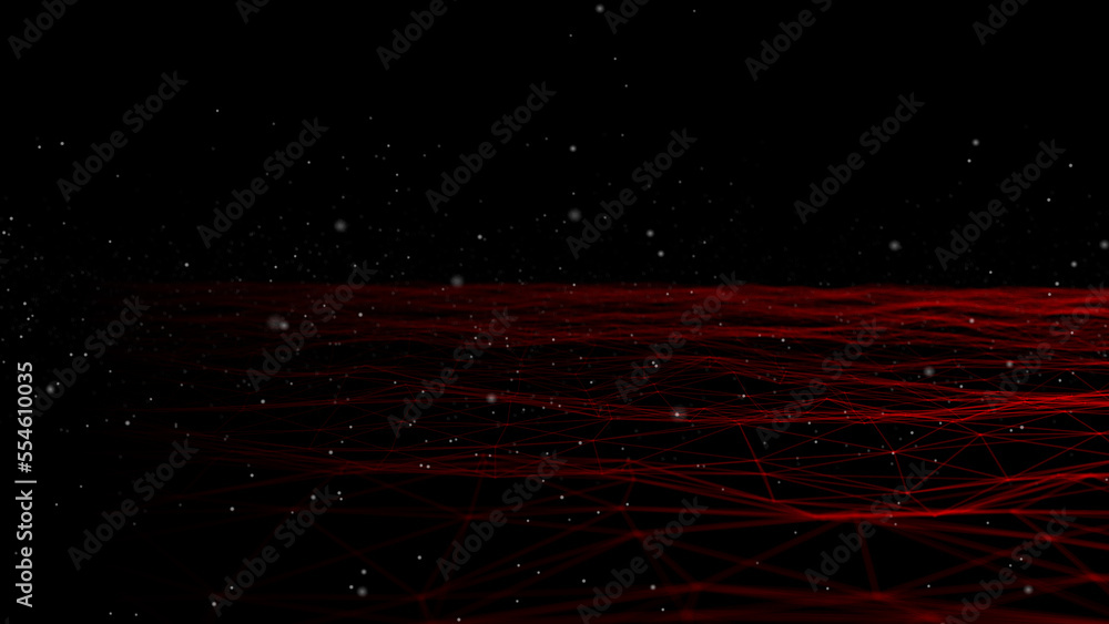 Poster Futuristic wave with lines and dots. Abstract background with a dynamic wave. Particle placement with hanging dots in space. Large data background. 3d rendering.
