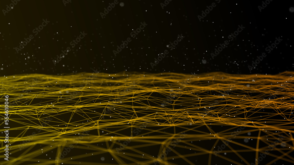 Poster Futuristic wave with lines and dots. Abstract background with a dynamic wave. Particle placement with hanging dots in space. Large data background. 3d rendering.
