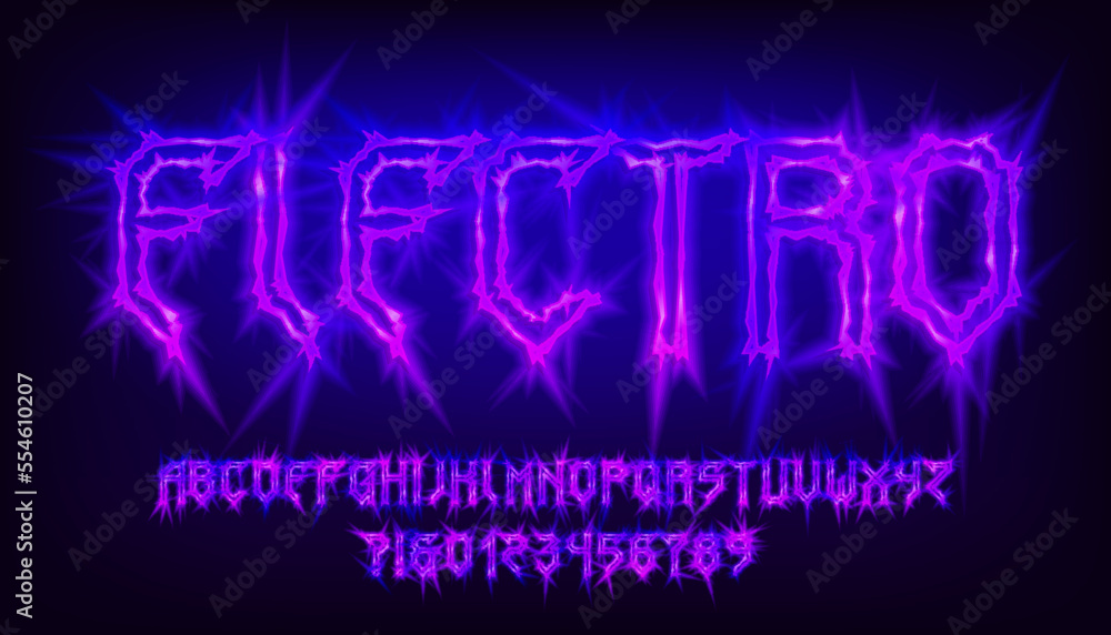 Poster electro alphabet font. bright letters and numbers. stock vector typeface for your design.