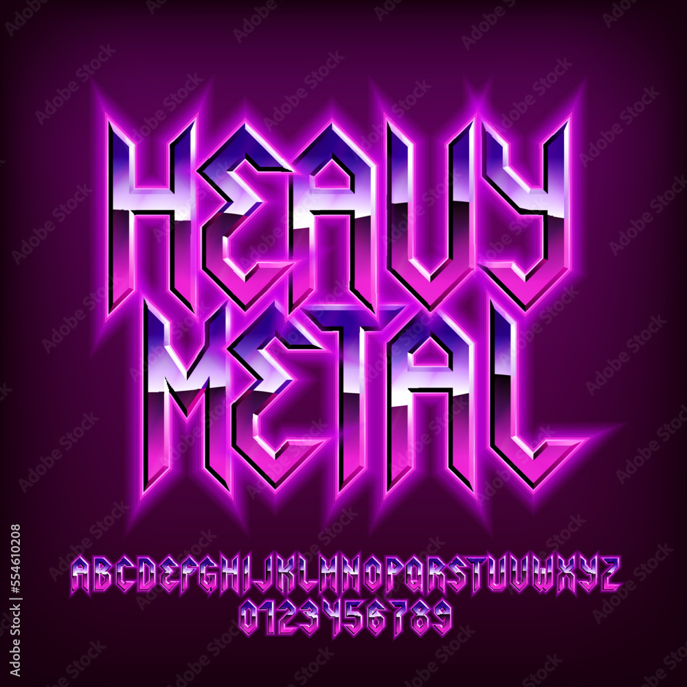 Fototapete heavy metal alphabet font. glowing letters, numbers and punctuations in heavy metal style. retro typ