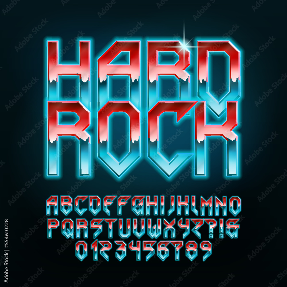 Poster hard rock alphabet font. glowing letters, numbers and punctuations in heavy metal style. retro types