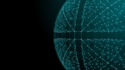 Global connections of particles in the technological sphere. Sphere of digital connections. Abstract detail technology in a networked world. 3d rendering.