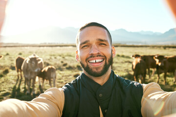 Man, farm and portrait smile for selfie in the countryside with live stock, cows or production for...