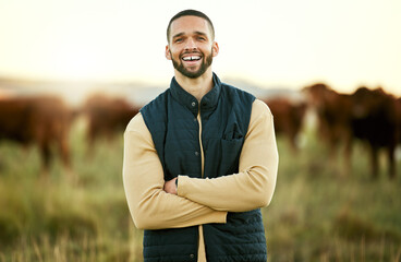 Smile, cow and agriculture with man on farm for sustainability, production and cattle. Livestock,...