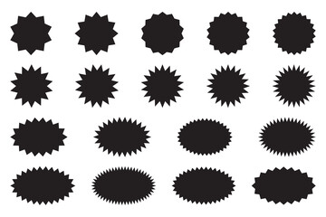 Starburst stickers. Black sunburst badges, isolated star price labels set.