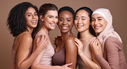 Skincare, diversity and women hug portrait for inclusivity, happiness and healthy skin texture....