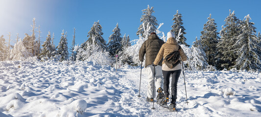 Snowshoe walkers in snow  black forest landscape