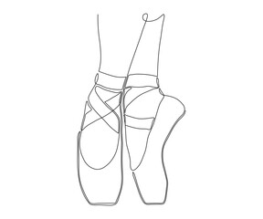 women's feet in pointe shoes. Drawn by hand with a monoline. One line art