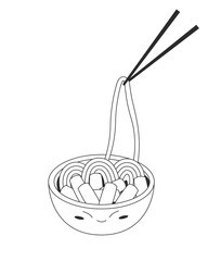 Tteokbokki korean food illustration - rice cakes tteokbokki in cute bowl with spicy sauce with chopsticks. Vector stock illustration isolated on white background. Outline style