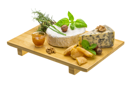 Assorted cheese - brie, dor blue and hard old yellow cheese
