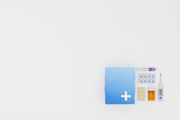 pharmacy concept. flat lay prescription bag with medicines, antibiotics, thermometer. 3d illustration 