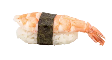Selbstklebende Fototapeten Shrimp sushi closeup isolated on white background © Andrei Starostin