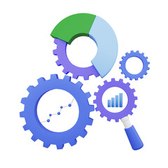 Data analytics concept. graph, chart, magnifying glass and gear icon isolated. 3d illustration PNG file