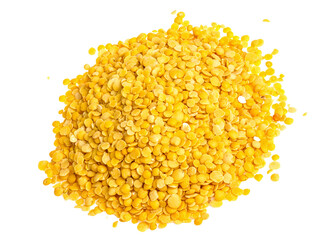 Yellow lentils isolated on white background. Macro shot