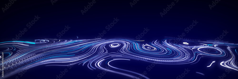 Poster flow of smooth swirling vortices. glowing coils of turbulence on a blue background. abstract digital