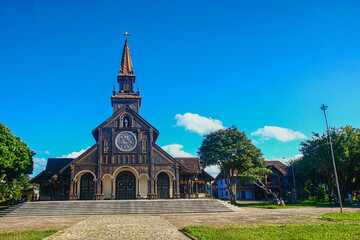 Kon Tum Cathedral - an ancient wooden church over 100 years old in Kon Tum city, Vietnam.