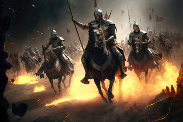 Battle of knights in armor on the battlefield, the struggle of good against evil. Knights riders galloping on horses. Sparks and flames, portraits of warriors. 3d render - obrazy, fototapety, plakaty