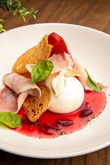 Buratta with Parma Ham, Pear and Sauce