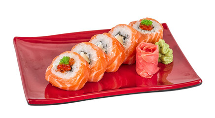 Japanese sushi traditional japanese food.Roll made of salmon, red cavair, roe and cream