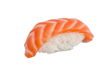 Zelfklevend Fotobehang studio shoot of japanese sushi vaki with salmon on white background © Andrei Starostin