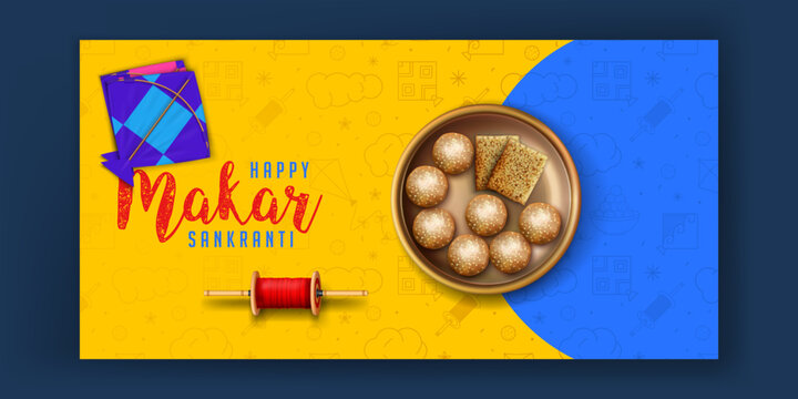 makar sankranti festival banner template design with kites, latai and sweets thali illustration