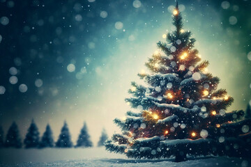 Christmas and happy new year with a beautiful Christmas tree with stars and a snow banner. Generative AI