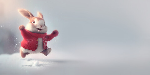 Happy super cute easter bunny in red clothing jumping for joy against snow winter background, Chinese new year, year of the rabbit, 2023, 兔年, tùnián, 兔子 tùzǐ, generative ai illustration