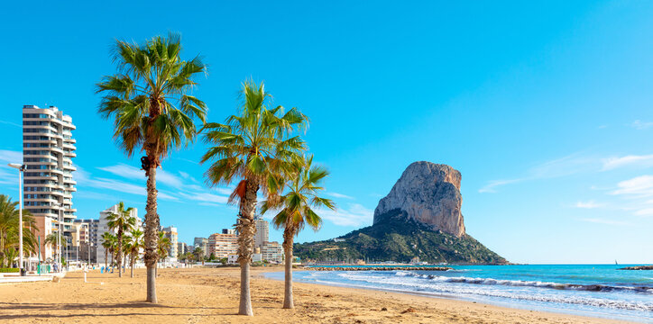 Calpe,  tropical beach, building and famous mountain- Alicante province in Spain