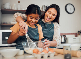 Mom, kid and baking in kitchen, family home and house for childhood fun, learning or development....