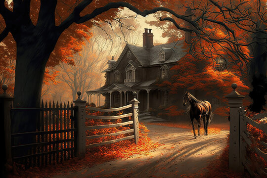 Generative AI : Sleepy Hollow during autumn. Fall colors. Eerie mysterious atmosphere