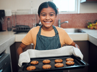 Girl kid, cookies and baking with portrait and bakery skill, learning and development with success...