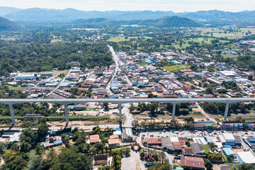 Aerial top view of Elevated railway at Muak Lek the highest in Thailand. Elevated approach bridges...