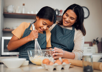 Bakery, baking and woman with girl learning to bake, cooking skill and development with happiness...