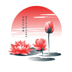 Asian abstract landscape with blooming water lilies on sunset background. Fog, gradient. Vector illustration